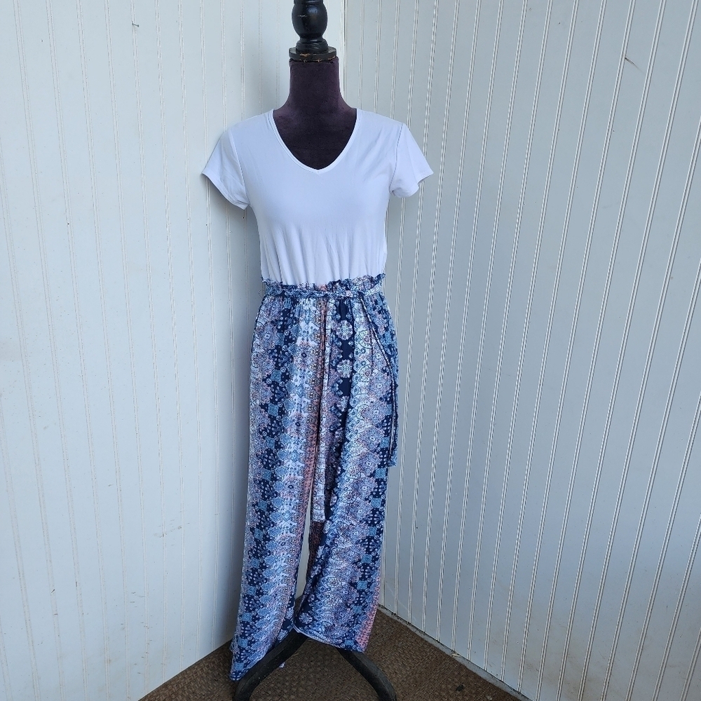 No Comment Womens Jumpsuit Wide Leg Blue Stripe Comfy Sash Stretchy Keyhole Sz S